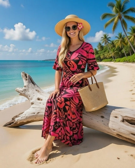 Fishtail Polynesian Print Dress