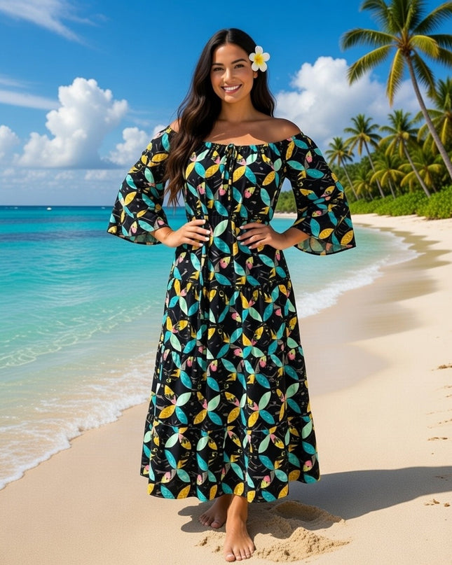 Cotton elastic neckline maxi dress