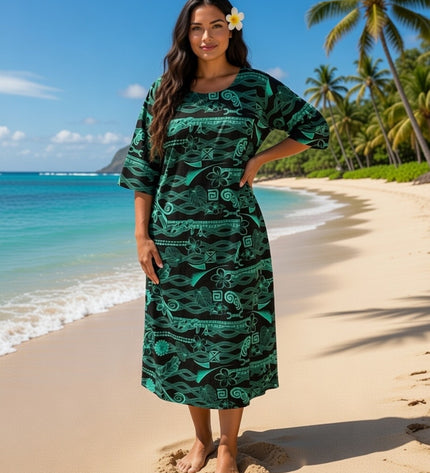 Green & Black Cotton Midi Dress