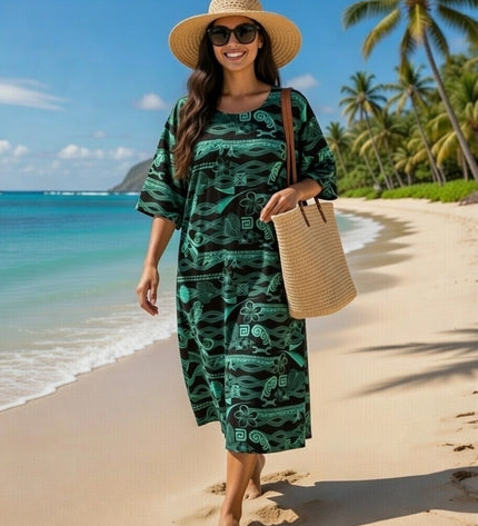 Green & Black Cotton Midi Dress