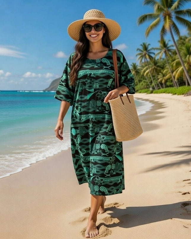 Green & Black Cotton Midi Dress