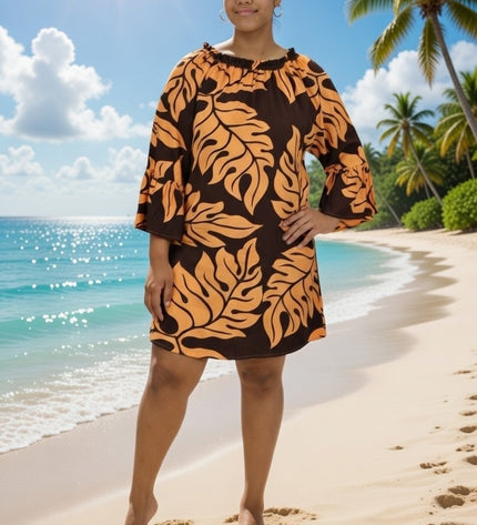 Tropical Leaf Off-Shoulder Mini Dress - Orange & Blue