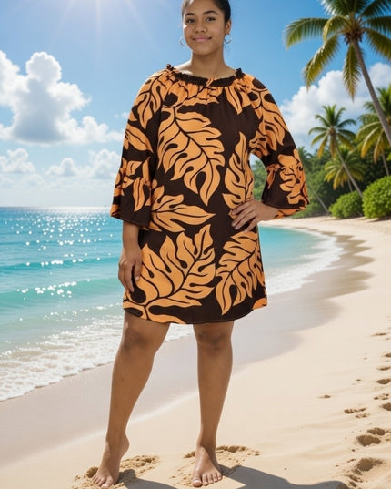 Tropical Leaf Off-Shoulder Mini Dress - Orange & Blue