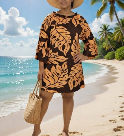 Tropical Leaf Off-Shoulder Mini Dress - Orange & Blue