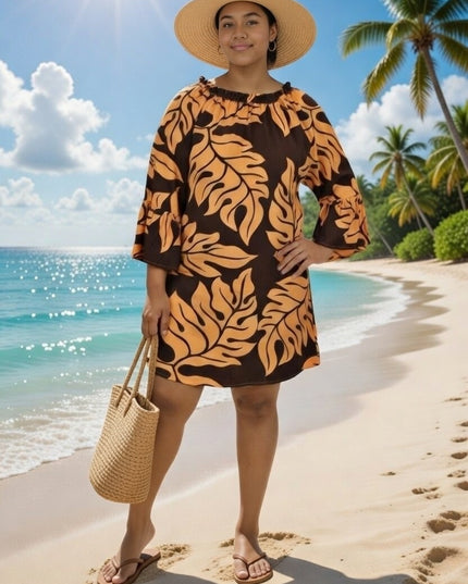 Tropical Leaf Off-Shoulder Mini Dress - Orange & Blue