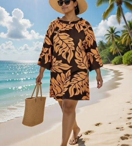Tropical Leaf Off-Shoulder Mini Dress - Orange & Blue