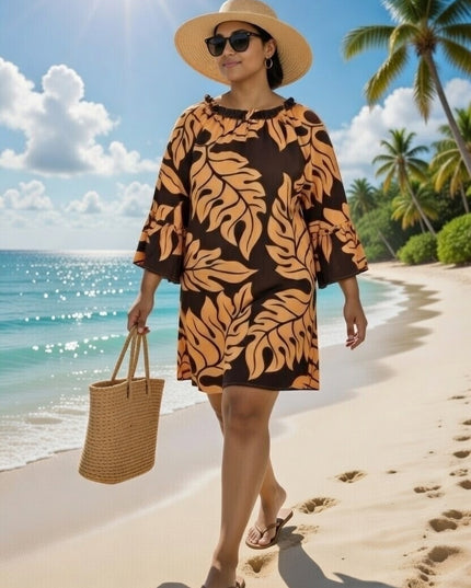 Tropical Leaf Off-Shoulder Mini Dress - Orange & Blue