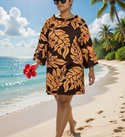 Tropical Leaf Off-Shoulder Mini Dress - Orange & Blue