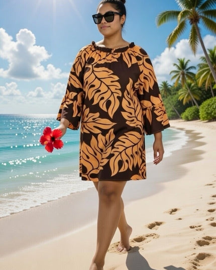 Tropical Leaf Off-Shoulder Mini Dress - Orange & Blue