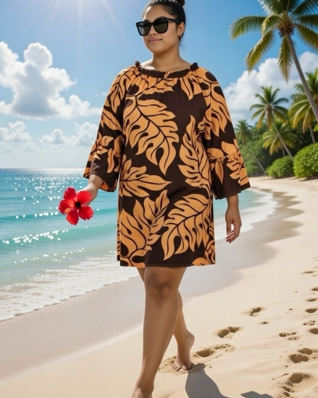 Tropical Leaf Off-Shoulder Mini Dress - Orange & Blue