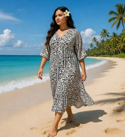 Rayon V-Neck Midi Dress