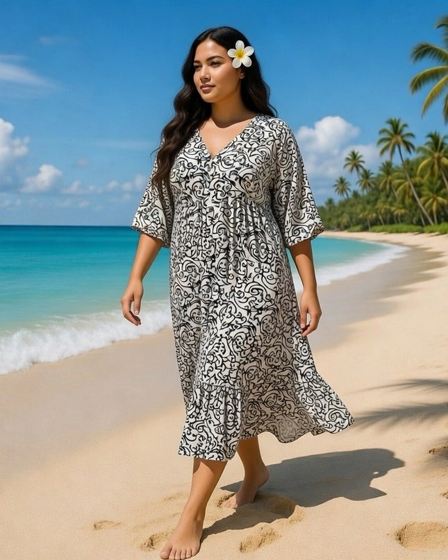 Rayon V-Neck Midi Dress