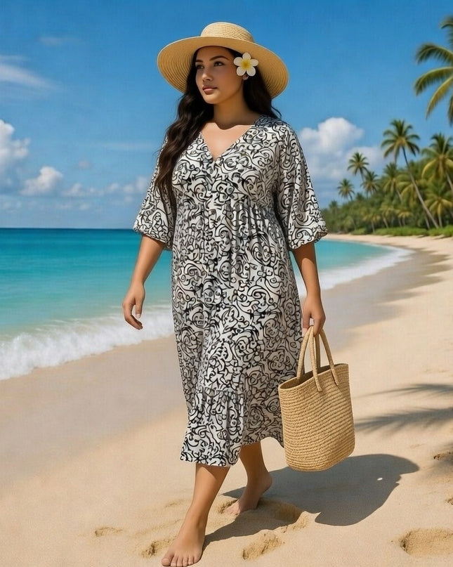 Rayon V-Neck Midi Dress