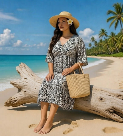 Rayon V-Neck Midi Dress
