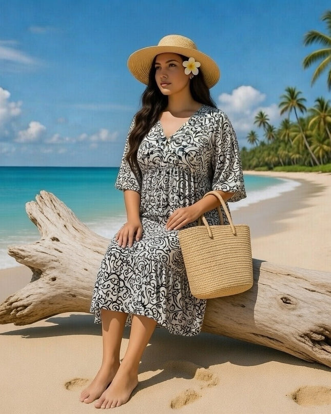 Rayon V-Neck Midi Dress