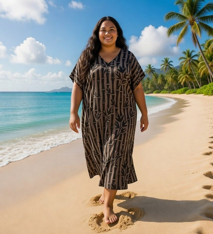 V-NECK BAMBOO PRINT  LONG KAFTAN DRESS