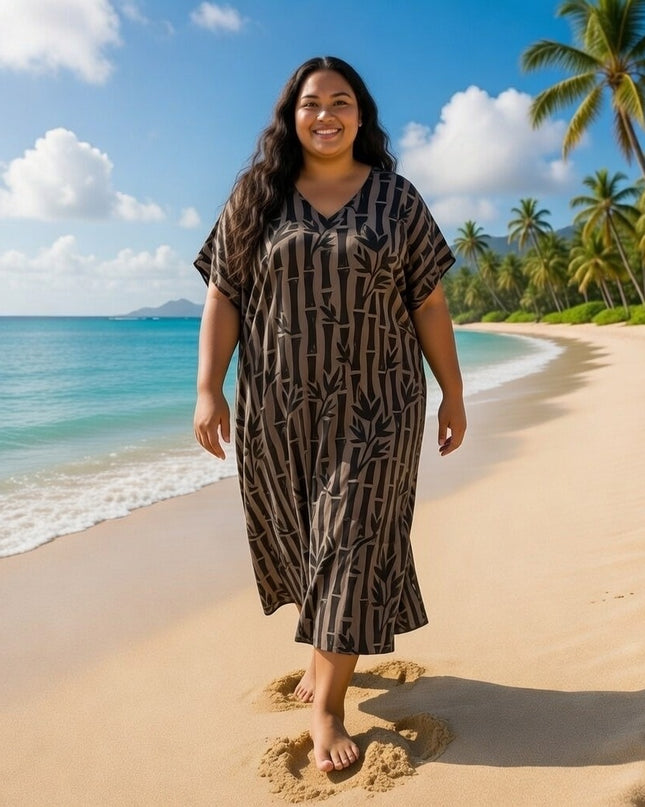 V-NECK BAMBOO PRINT  LONG KAFTAN DRESS