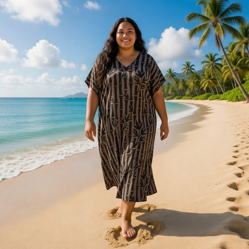 V-NECK BAMBOO PRINT  LONG KAFTAN DRESS