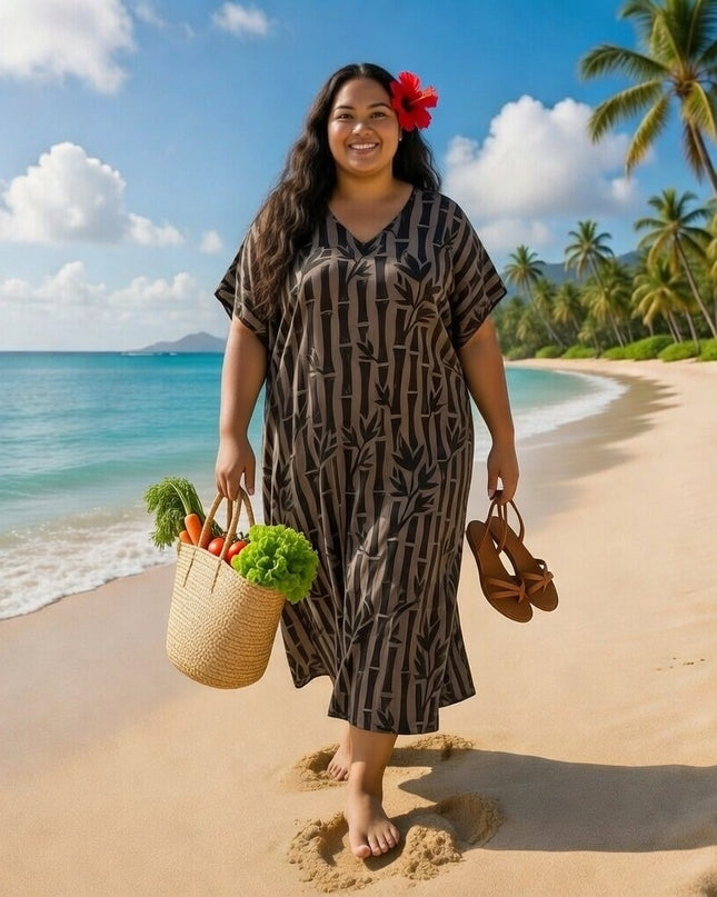 V-NECK BAMBOO PRINT  LONG KAFTAN DRESS