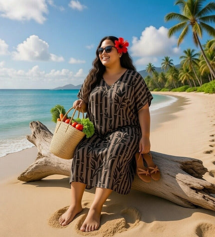 V-NECK BAMBOO PRINT  LONG KAFTAN DRESS