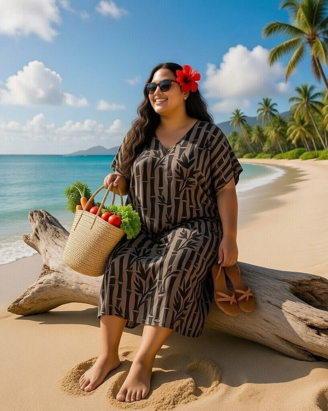 V-NECK BAMBOO PRINT  LONG KAFTAN DRESS