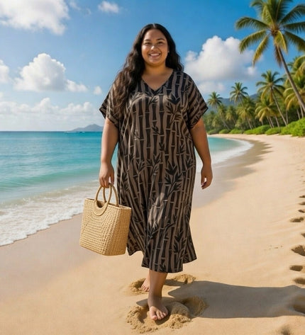 V-NECK BAMBOO PRINT  LONG KAFTAN DRESS