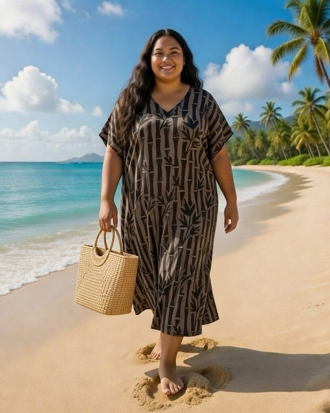 V-NECK BAMBOO PRINT  LONG KAFTAN DRESS