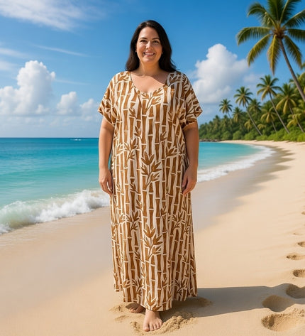 V-NECK BAMBOO PRINT  LONG KAFTAN DRESS