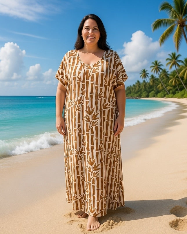 V-NECK BAMBOO PRINT  LONG KAFTAN DRESS