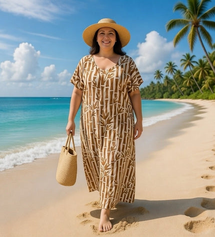 V-NECK BAMBOO PRINT  LONG KAFTAN DRESS