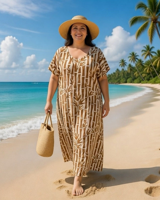 V-NECK BAMBOO PRINT  LONG KAFTAN DRESS