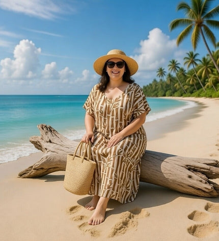 V-NECK BAMBOO PRINT  LONG KAFTAN DRESS