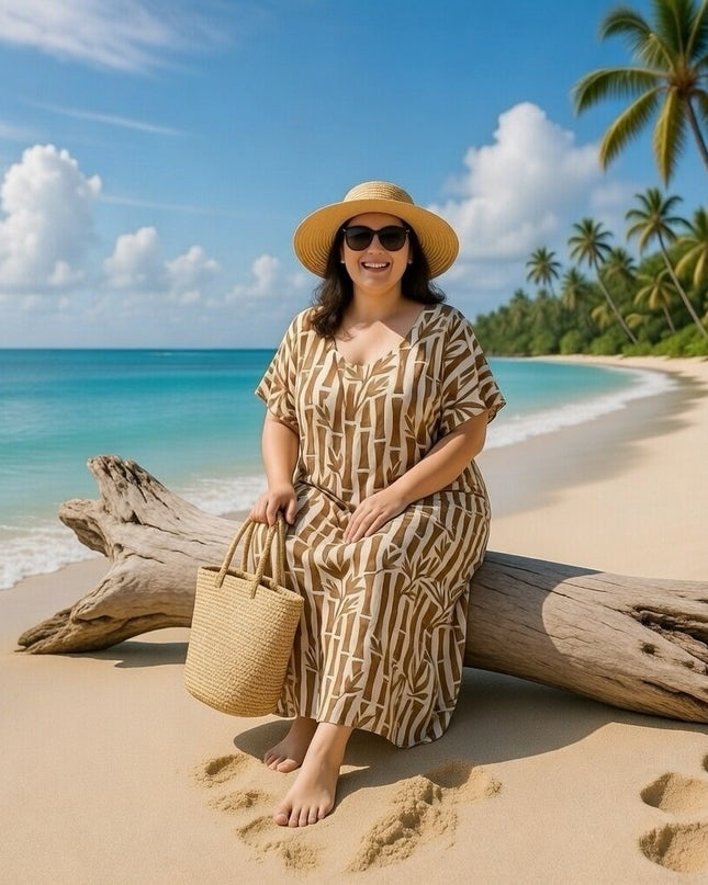 V-NECK BAMBOO PRINT  LONG KAFTAN DRESS