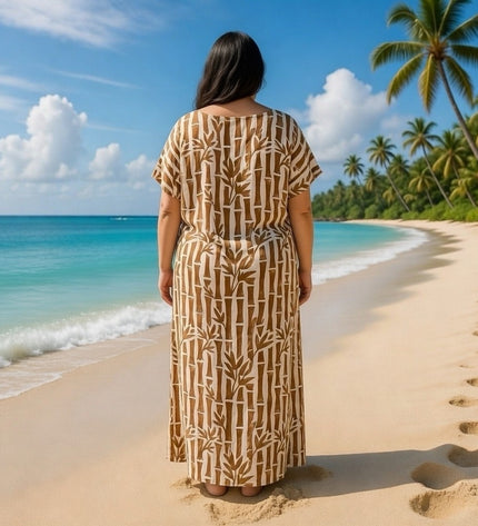 V-NECK BAMBOO PRINT  LONG KAFTAN DRESS