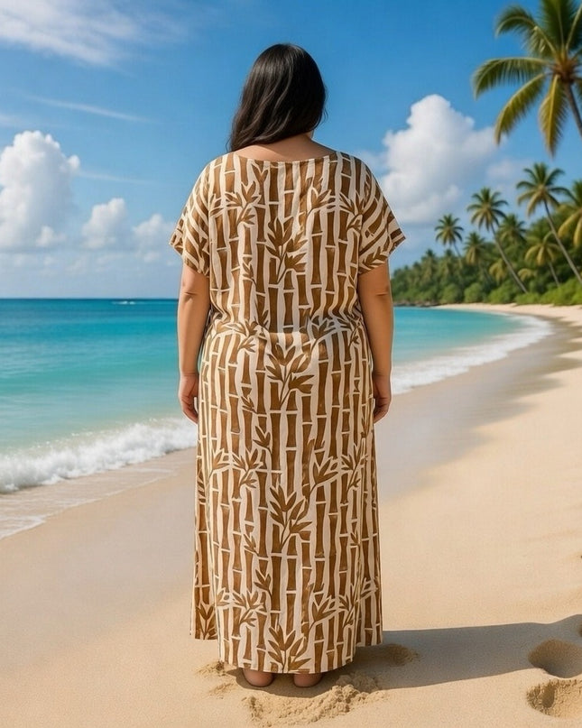 V-NECK BAMBOO PRINT  LONG KAFTAN DRESS