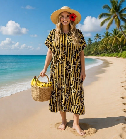 V-NECK BAMBOO PRINT  LONG KAFTAN DRESS