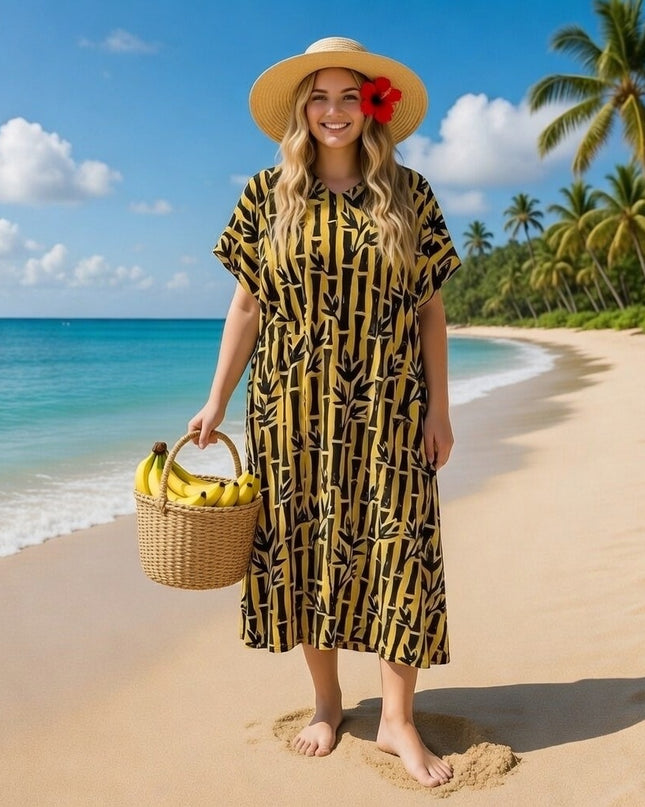 V-NECK BAMBOO PRINT  LONG KAFTAN DRESS