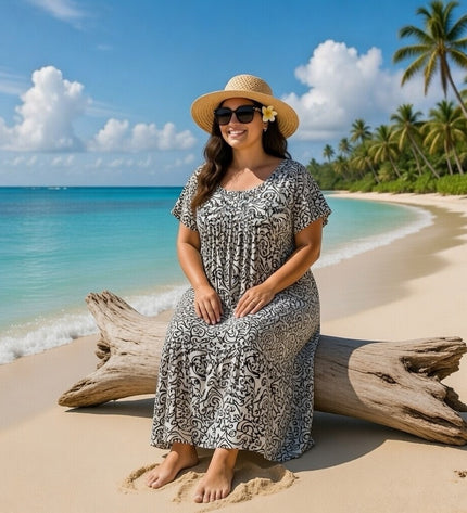 V-NECK GEOMETRIC PRINT  LONG DRESS