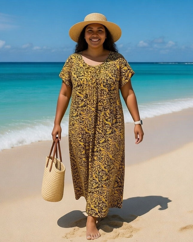 V-NECK GEOMETRIC PRINT  LONG DRESS