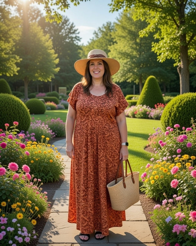 V-NECK GEOMETRIC PRINT  LONG DRESS