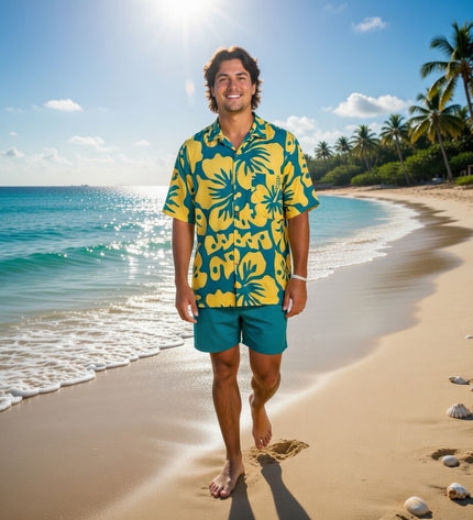 YELLOW HIBISCUS PRINT MEN'S SHIRT