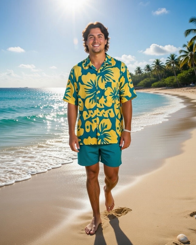 YELLOW HIBISCUS PRINT MEN'S SHIRT