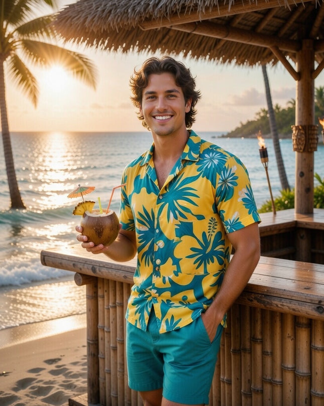 YELLOW HIBISCUS PRINT MEN'S SHIRT