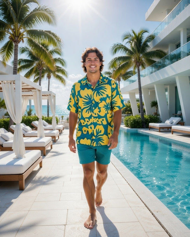 YELLOW HIBISCUS PRINT MEN'S SHIRT