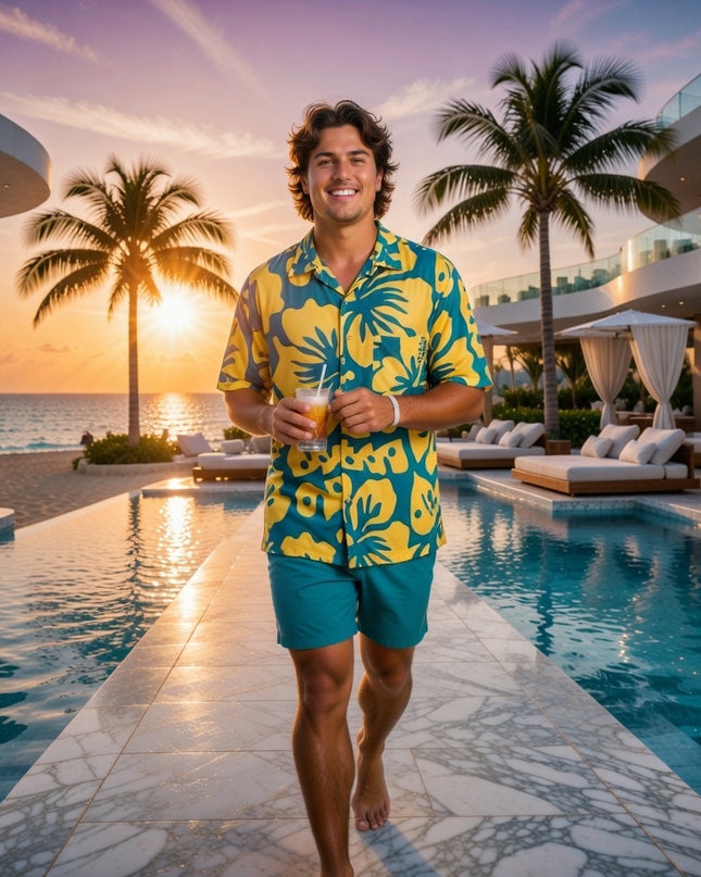 YELLOW HIBISCUS PRINT MEN'S SHIRT