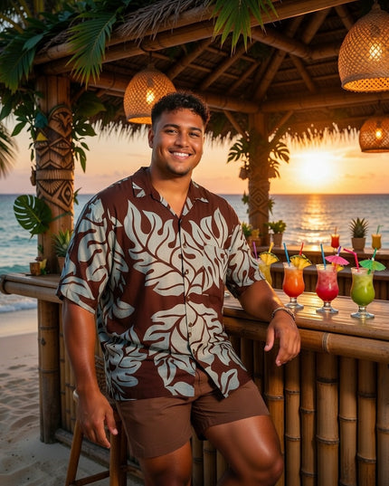 BROWN MONSTERA PRINT MEN'S SHIRT