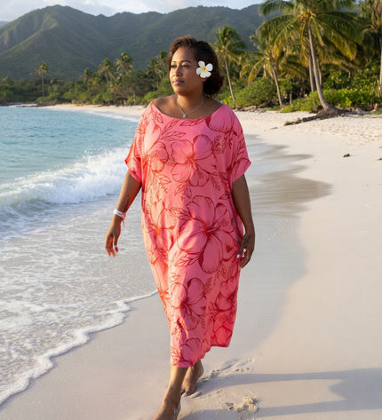 Pink hibiscus round neck long dress
