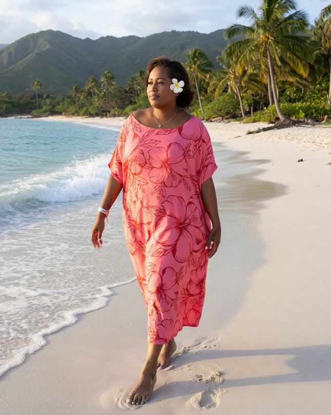 Pink hibiscus round neck long dress