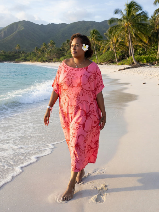 Pink hibiscus round neck long dress