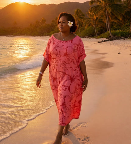 Pink hibiscus round neck long dress